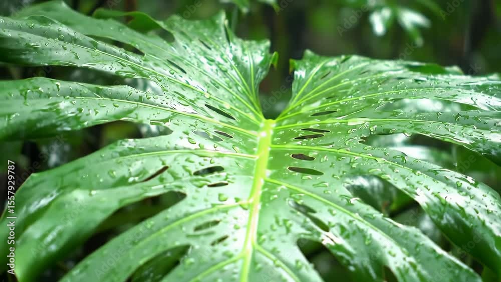 custom made wallpaper toronto digitalMonstera leaf close up, in a lush green forest, nature beauty and freshness