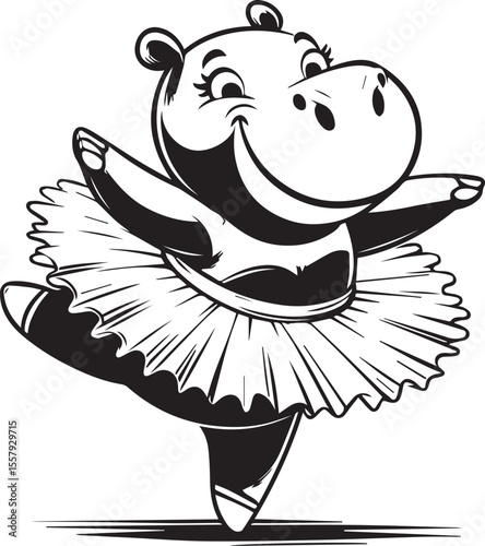 A cartoon ballerina hippo gracefully dances in a tutu, her joyful expression adding charm to this whimsical, transparent graphic.