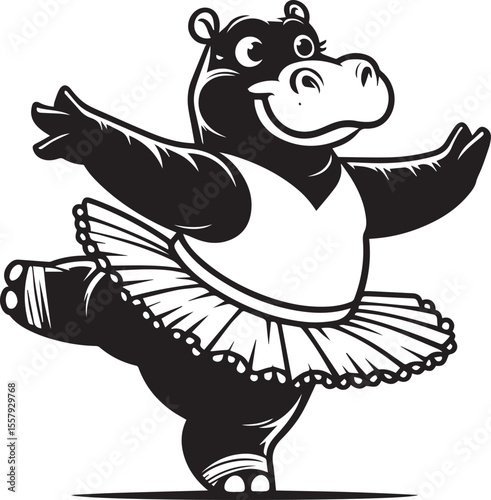 A cartoon ballerina hippo gracefully dances in a tutu, her joyful expression adding charm to this whimsical, transparent graphic.