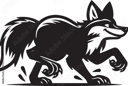 A graphic black fox silhouette stands alert, showcasing its sly charm and wild animal nature with playful style.