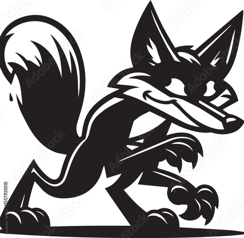A graphic black fox silhouette stands alert, showcasing its sly charm and wild animal nature with playful style.