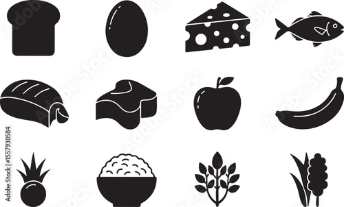 Healthy Eating A Guide to Balanced Nutrition with Icons of Bread, Eggs, Cheese, Fish, Chicken, Butter, Apple, Banana, Pineapple, Rice, Spinach, and Seaweed