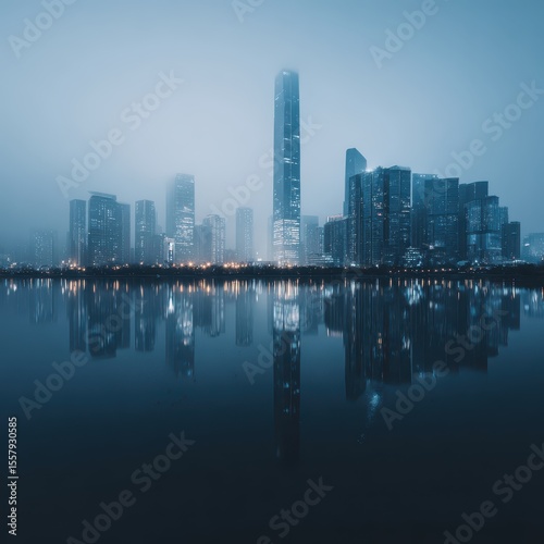 Misty city skyline at twilight, reflected perfectly in calm water, showcasing modern architecture and subtle city lights
