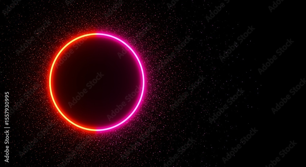 Obraz premium Abstract background with vibrant neon circle and scattered particles, Cosmic glow and shimmering dust around a luminous ring in a dark space backdrop