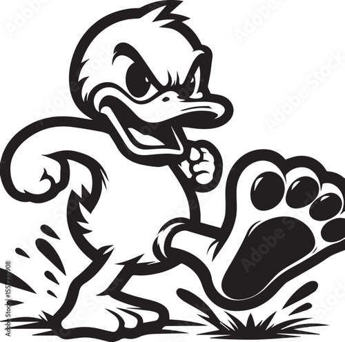A cartoon duck displays anger, stomping its foot in a monochrome illustration, perfect for edgy graphic designs and urban art projects.