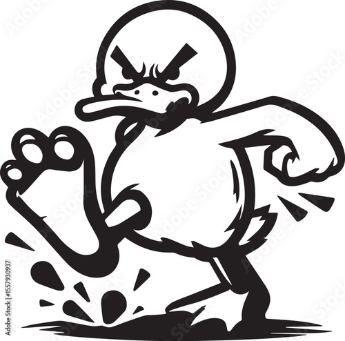 A cartoon duck displays anger, stomping its foot in a monochrome illustration, perfect for edgy graphic designs and urban art projects.