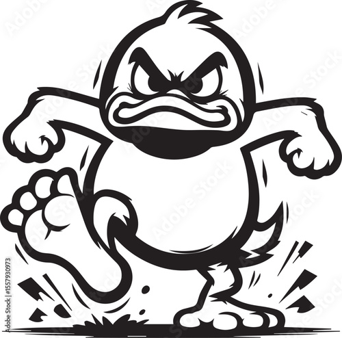A cartoon duck displays anger, stomping its foot in a monochrome illustration, perfect for edgy graphic designs and urban art projects.