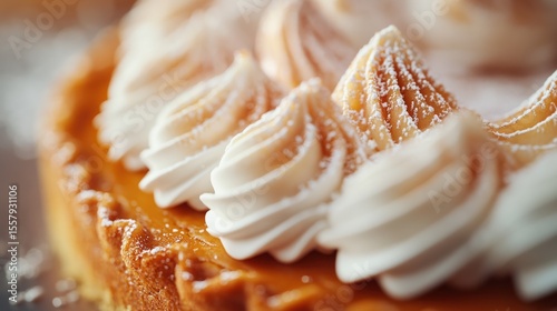 Close-up of a Delicious Pumpkin Pie Topped with Whipped Cream and a Light Dusting of Powdered Sugar