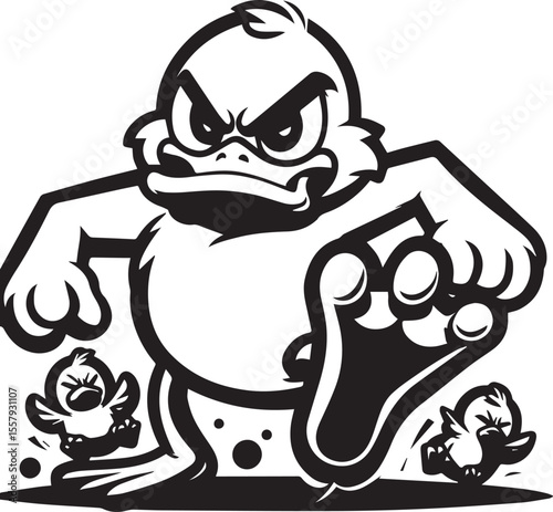 A cartoon duck displays anger, stomping its foot in a monochrome illustration, perfect for edgy graphic designs and urban art projects.