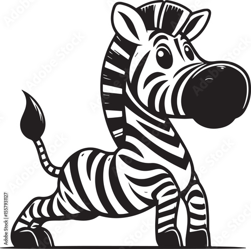 Zebra doing yoga displays a fun cartoon animal with a calming pose in monochrome with stripes for design use.