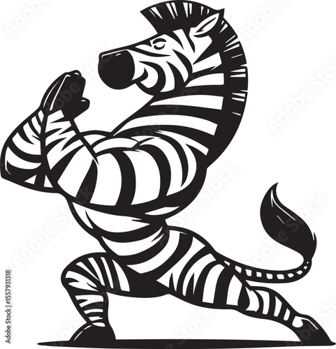Zebra doing yoga displays a fun cartoon animal with a calming pose in monochrome with stripes for design use.