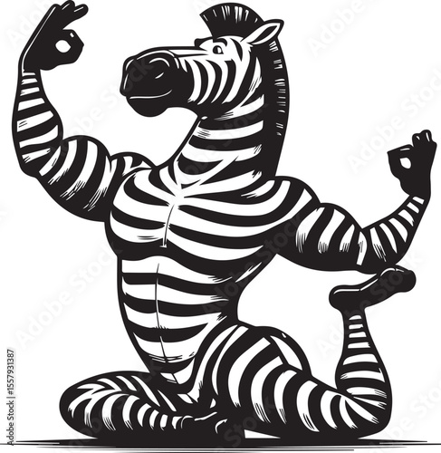 Zebra doing yoga displays a fun cartoon animal with a calming pose in monochrome with stripes for design use.