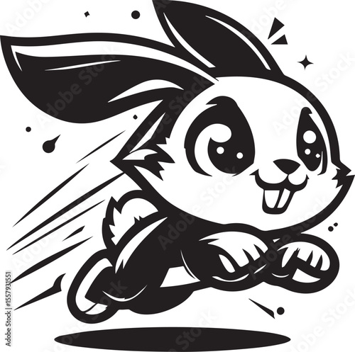 Running rabbit illustration depicts a black and white vector, perfect for children's designs, logos, and springtime or Easter themes.
