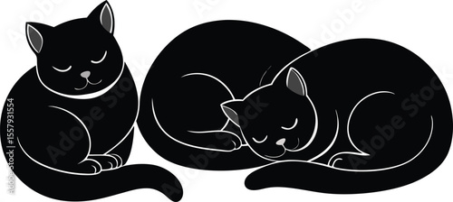 Two Black Cats Sleeping Peacefully One Curled Up Minimalist Vector Illustration