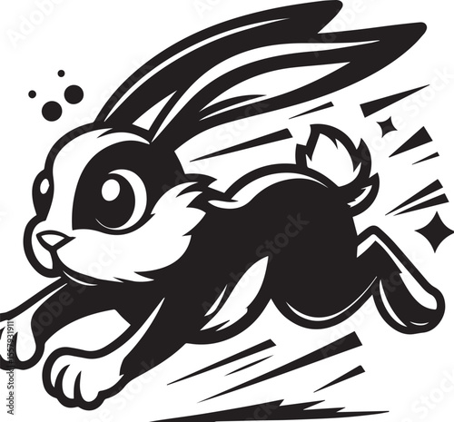 Running rabbit illustration depicts a black and white vector, perfect for children's designs, logos, and springtime or Easter themes.