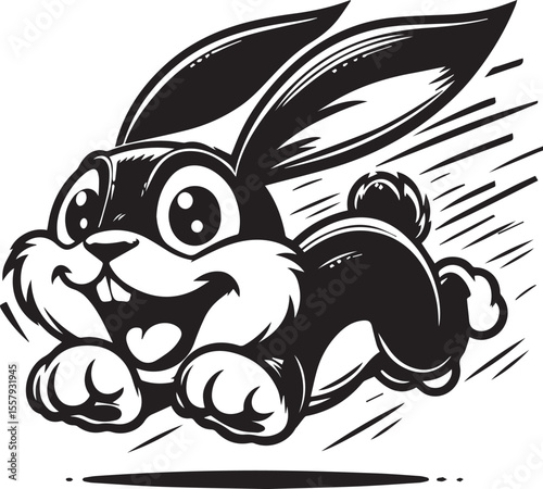 Running rabbit illustration depicts a black and white vector, perfect for children's designs, logos, and springtime or Easter themes.
