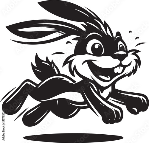 Running rabbit illustration depicts a black and white vector, perfect for children's designs, logos, and springtime or Easter themes.