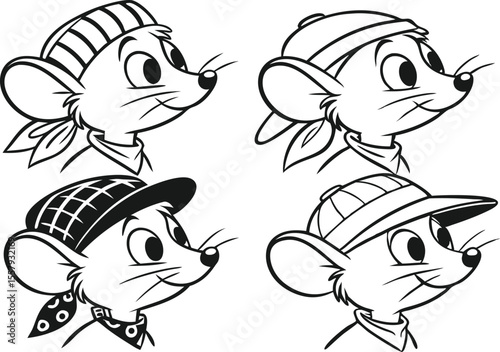 Cute Cartoon Mice Wearing Hats and Bandanas in Black and White