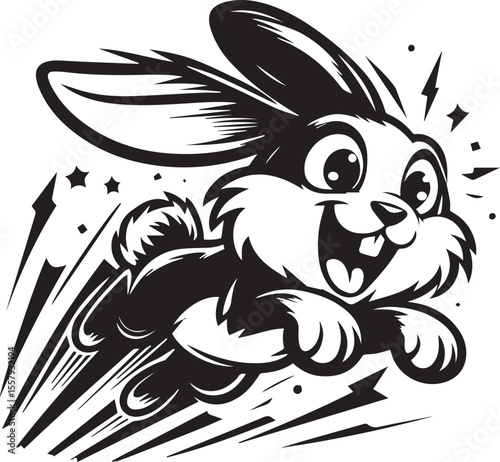 Running rabbit illustration depicts a black and white vector, perfect for children's designs, logos, and springtime or Easter themes.