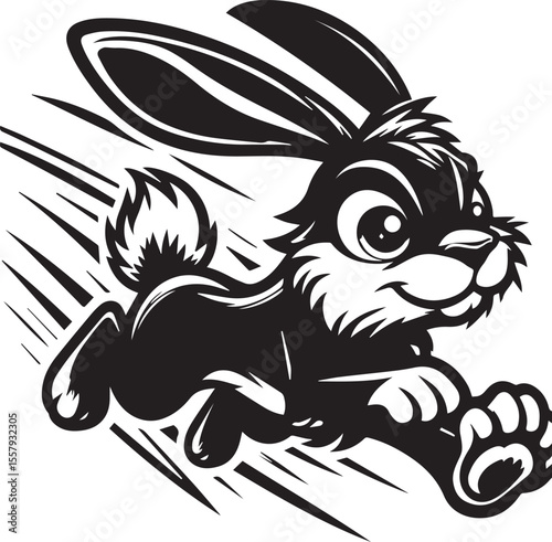 Running rabbit illustration depicts a black and white vector, perfect for children's designs, logos, and springtime or Easter themes.