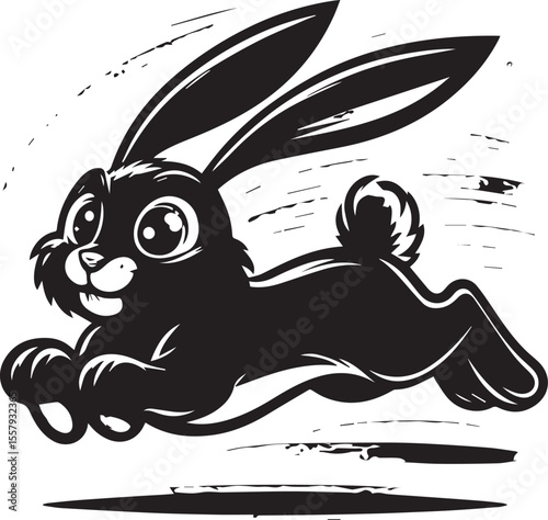 Running rabbit illustration depicts a black and white vector, perfect for children's designs, logos, and springtime or Easter themes.
