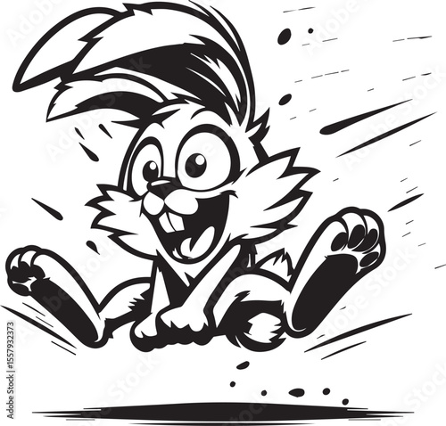 Running rabbit illustration depicts a black and white vector, perfect for children's designs, logos, and springtime or Easter themes.