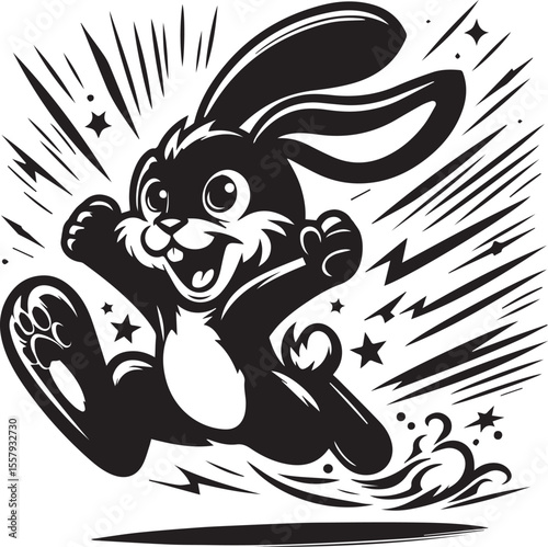 Running rabbit illustration depicts a black and white vector, perfect for children's designs, logos, and springtime or Easter themes.