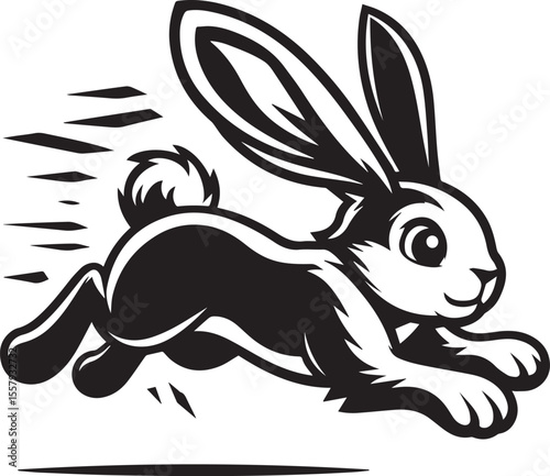 Running rabbit illustration depicts a black and white vector, perfect for children's designs, logos, and springtime or Easter themes.