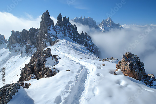 narrow alpine ridge with jagged stone outcrops, cool wind sweeping snow across path, clouds drifting far below