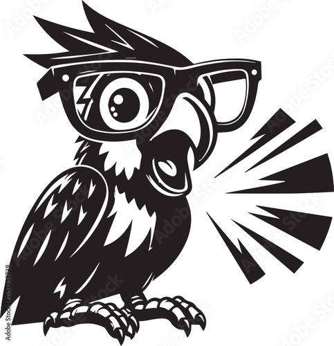 A graphic illustration of a parrot wearing glasses and holding a megaphone, exuding a strong announcement or communication vibe in black and white.