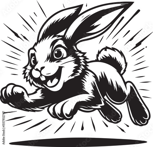 Running rabbit illustration depicts a black and white vector, perfect for children's designs, logos, and springtime or Easter themes.