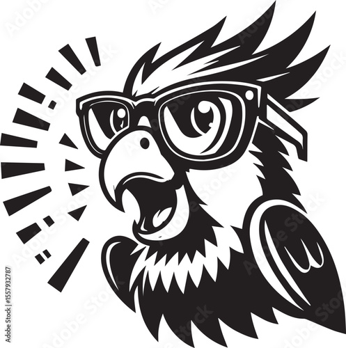 A graphic illustration of a parrot wearing glasses and holding a megaphone, exuding a strong announcement or communication vibe in black and white.