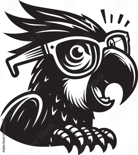 A graphic illustration of a parrot wearing glasses and holding a megaphone, exuding a strong announcement or communication vibe in black and white.