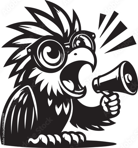 A graphic illustration of a parrot wearing glasses and holding a megaphone, exuding a strong announcement or communication vibe in black and white.