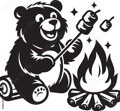 A happy bear roasts marshmallows over a bonfire in a delightful monochrome cartoon illustration featuring stars and clouds.