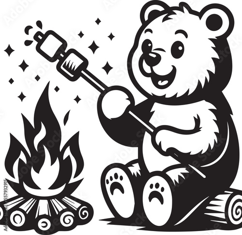 A happy bear roasts marshmallows over a bonfire in a delightful monochrome cartoon illustration featuring stars and clouds.