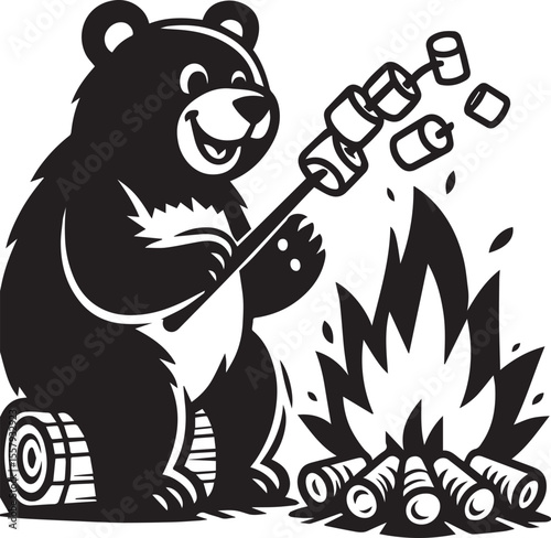 A happy bear roasts marshmallows over a bonfire in a delightful monochrome cartoon illustration featuring stars and clouds.