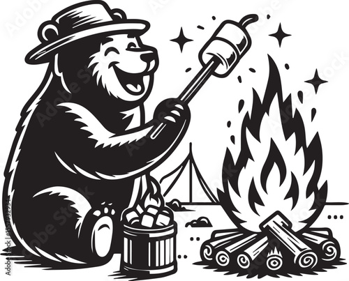 A happy bear roasts marshmallows over a bonfire in a delightful monochrome cartoon illustration featuring stars and clouds.