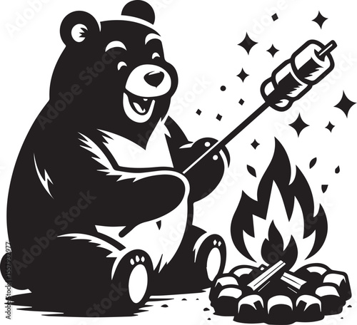 A happy bear roasts marshmallows over a bonfire in a delightful monochrome cartoon illustration featuring stars and clouds.
