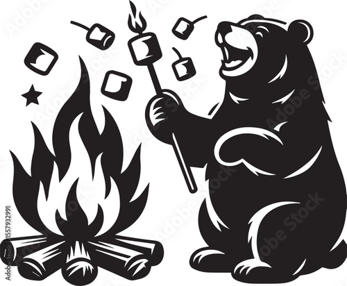 A happy bear roasts marshmallows over a bonfire in a delightful monochrome cartoon illustration featuring stars and clouds.