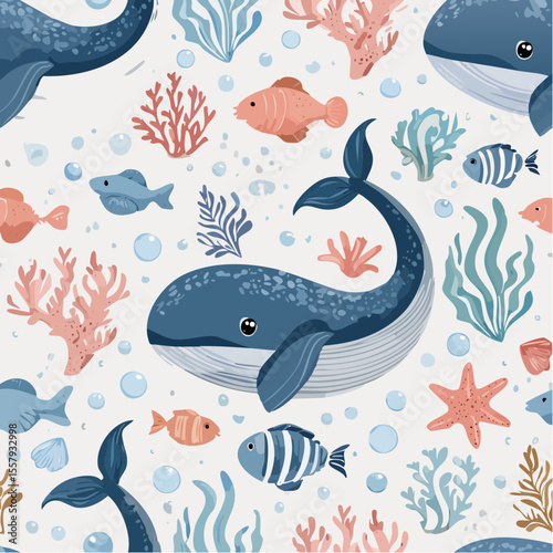Cute underwater seamless vector pattern with whales, fish, octopus, coral and bubbles, child