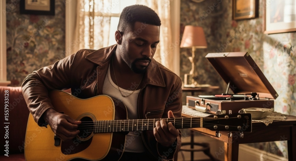 Obraz premium Man Playing Acoustic Guitar in Vintage Room