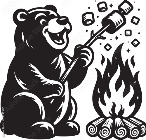 A happy bear roasts marshmallows over a bonfire in a delightful monochrome cartoon illustration featuring stars and clouds.