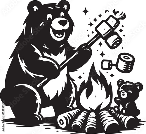 A happy bear roasts marshmallows over a bonfire in a delightful monochrome cartoon illustration featuring stars and clouds.