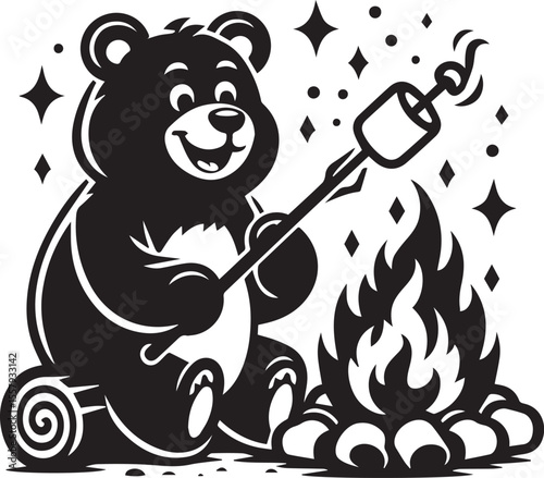 A happy bear roasts marshmallows over a bonfire in a delightful monochrome cartoon illustration featuring stars and clouds.