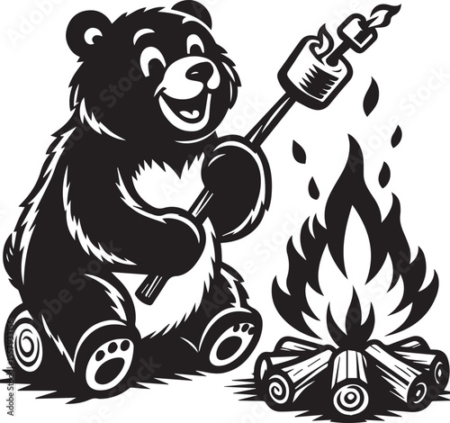 A happy bear roasts marshmallows over a bonfire in a delightful monochrome cartoon illustration featuring stars and clouds.