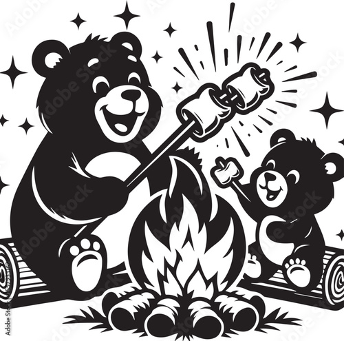 A happy bear roasts marshmallows over a bonfire in a delightful monochrome cartoon illustration featuring stars and clouds.