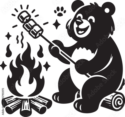 A happy bear roasts marshmallows over a bonfire in a delightful monochrome cartoon illustration featuring stars and clouds.