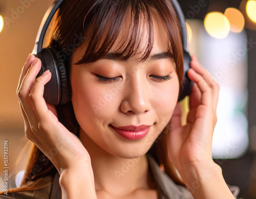ヘッドフォンで音楽を楽しむ若い女性/
Young woman enjoying music with headphones