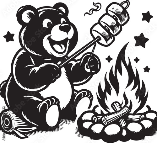 A happy bear roasts marshmallows over a bonfire in a delightful monochrome cartoon illustration featuring stars and clouds.
